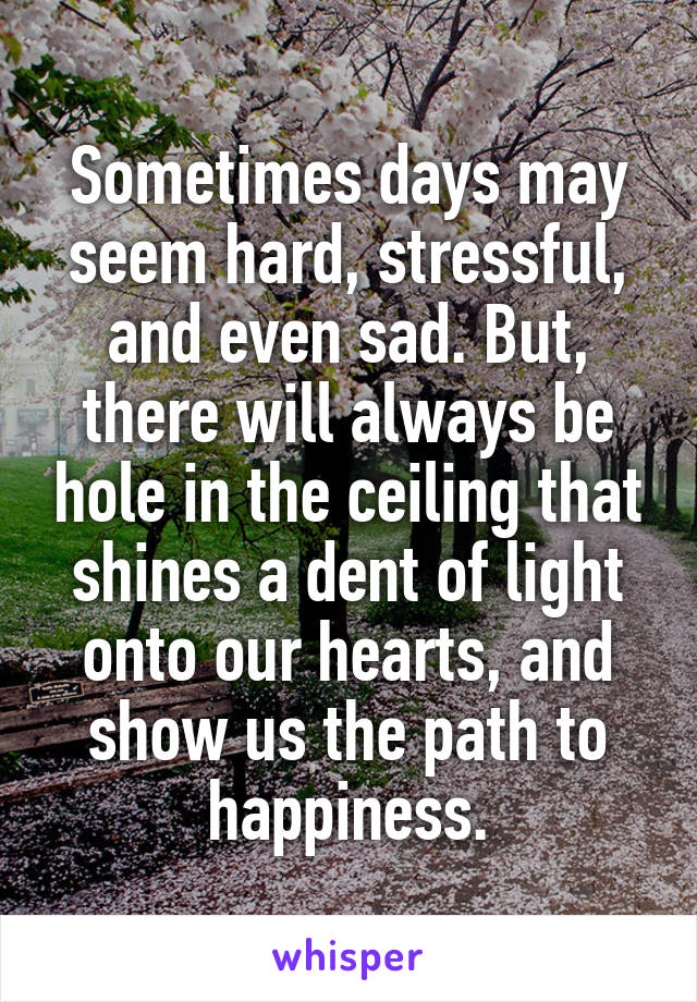 Sometimes days may seem hard, stressful, and even sad. But, there will always be hole in the ceiling that shines a dent of light onto our hearts, and show us the path to happiness.