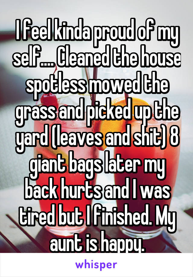 I feel kinda proud of my self.... Cleaned the house spotless mowed the grass and picked up the yard (leaves and shit) 8 giant bags later my back hurts and I was tired but I finished. My aunt is happy.