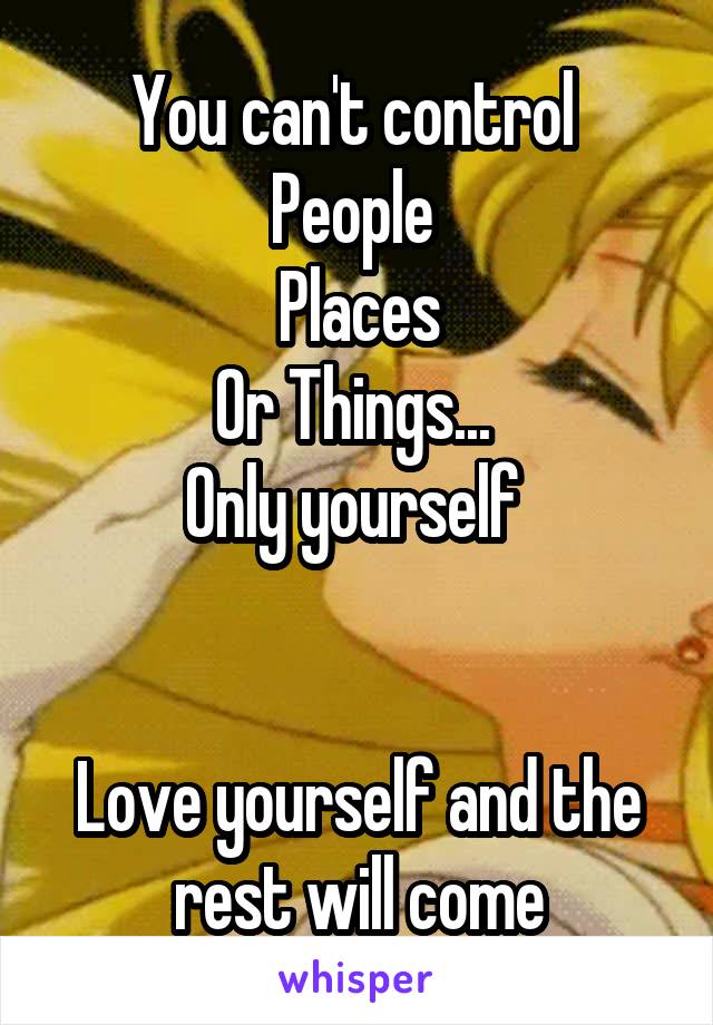 You can't control 
People 
Places
Or Things... 
Only yourself 


Love yourself and the rest will come