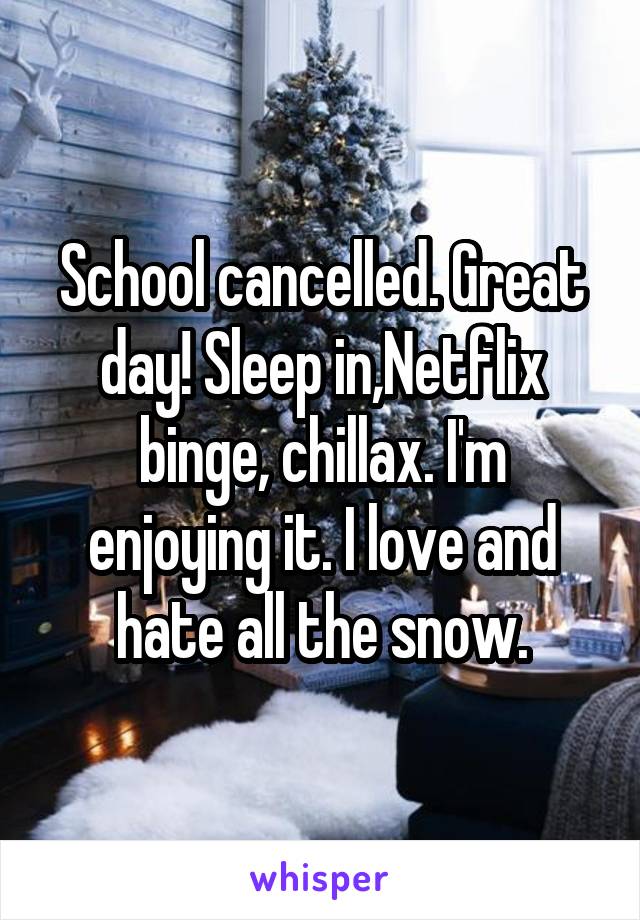 School cancelled. Great day! Sleep in,Netflix binge, chillax. I'm enjoying it. I love and hate all the snow.