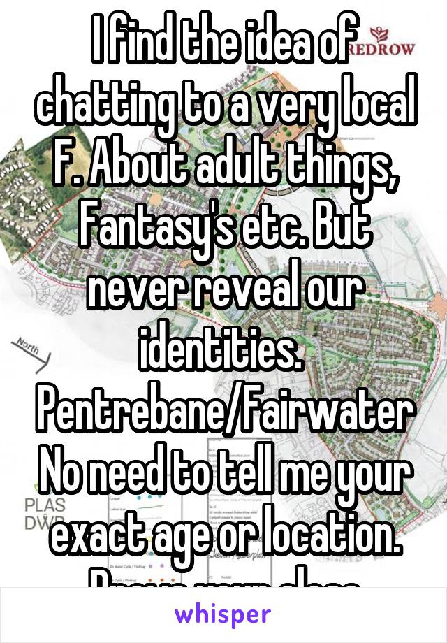 I find the idea of chatting to a very local F. About adult things, Fantasy's etc. But never reveal our identities. 
Pentrebane/Fairwater
No need to tell me your exact age or location. Prove your close