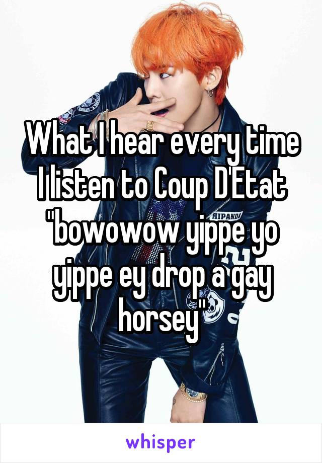 What I hear every time I listen to Coup D'Etat "bowowow yippe yo yippe ey drop a gay horsey"