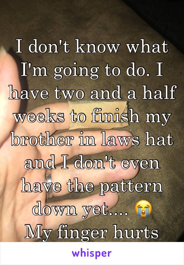 I don't know what I'm going to do. I have two and a half weeks to finish my brother in laws hat and I don't even have the pattern down yet.... 😭
My finger hurts 