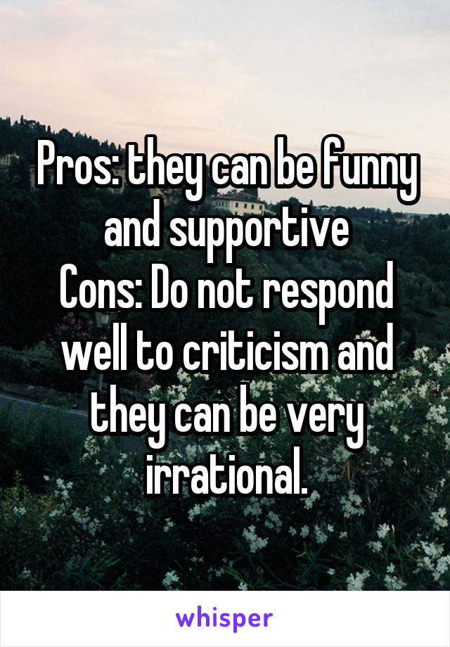 Pros: they can be funny and supportive
Cons: Do not respond well to criticism and they can be very irrational.