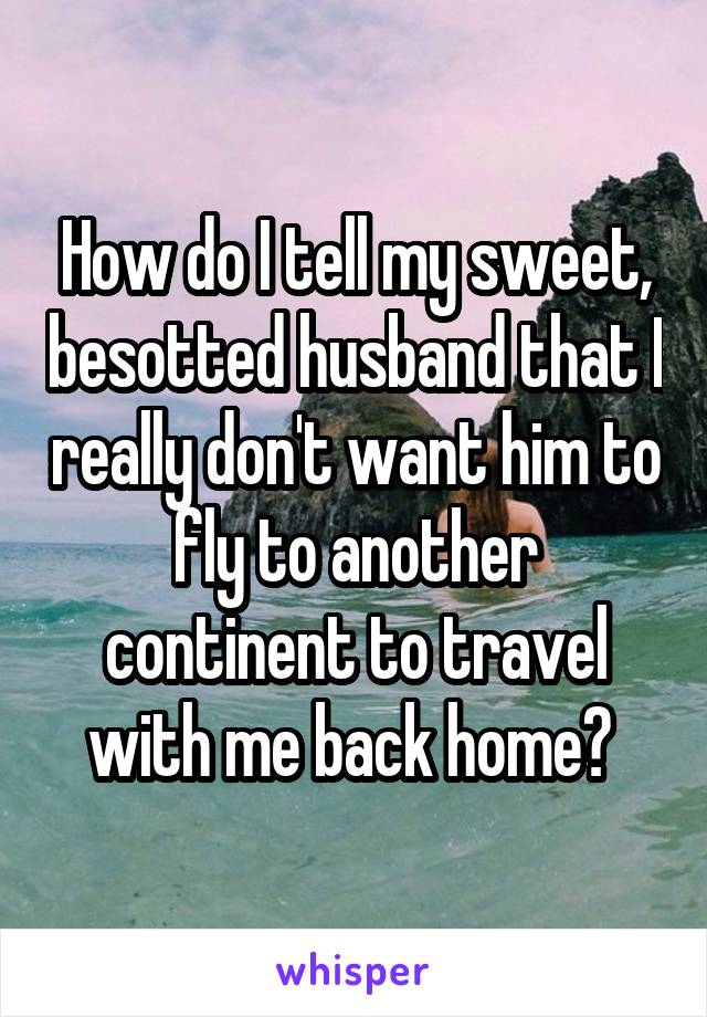 How do I tell my sweet, besotted husband that I really don't want him to fly to another continent to travel with me back home? 