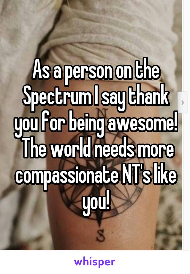 As a person on the Spectrum I say thank you for being awesome!  The world needs more compassionate NT's like you!