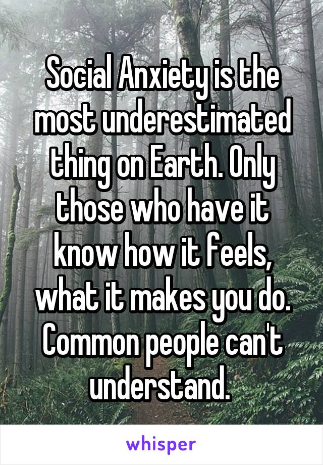 Social Anxiety is the most underestimated thing on Earth. Only those who have it know how it feels, what it makes you do. Common people can't understand. 