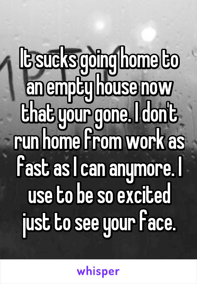 It sucks going home to an empty house now that your gone. I don't run home from work as fast as I can anymore. I use to be so excited just to see your face.