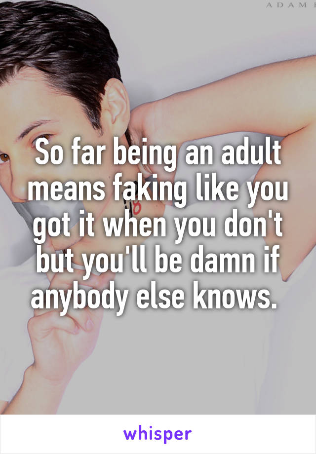 So far being an adult means faking like you got it when you don't but you'll be damn if anybody else knows. 