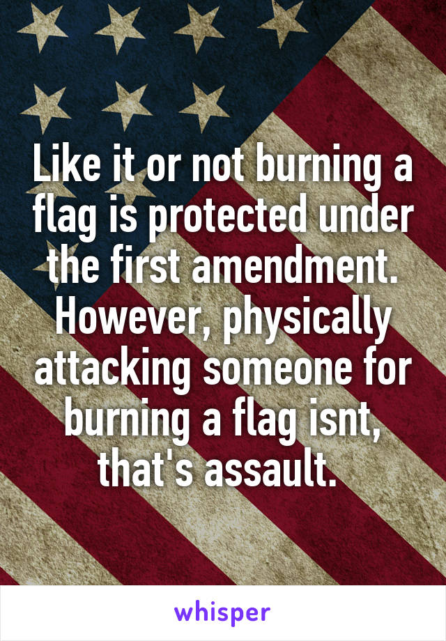 Like it or not burning a flag is protected under the first amendment. However, physically attacking someone for burning a flag isnt, that's assault. 