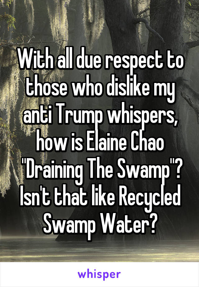 With all due respect to those who dislike my anti Trump whispers, how is Elaine Chao
 "Draining The Swamp"?
Isn't that like Recycled Swamp Water?