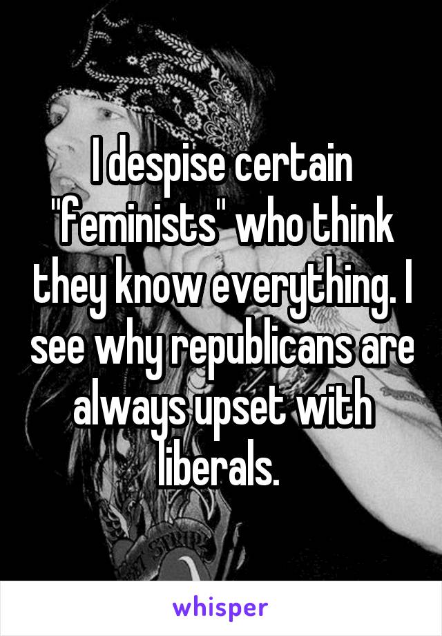 I despise certain "feminists" who think they know everything. I see why republicans are always upset with liberals. 