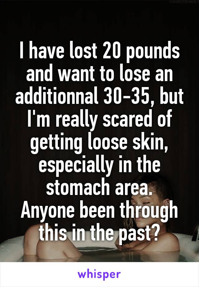 I have lost 20 pounds and want to lose an additionnal 30-35, but I'm really scared of getting loose skin, especially in the stomach area.
Anyone been through this in the past?