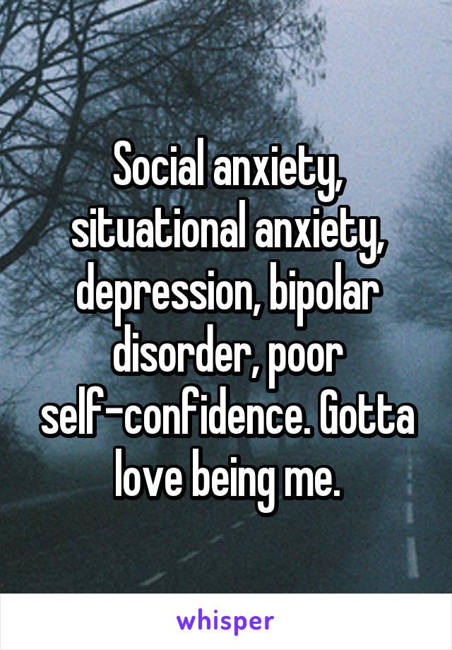 Social anxiety, situational anxiety, depression, bipolar disorder, poor self-confidence. Gotta love being me.