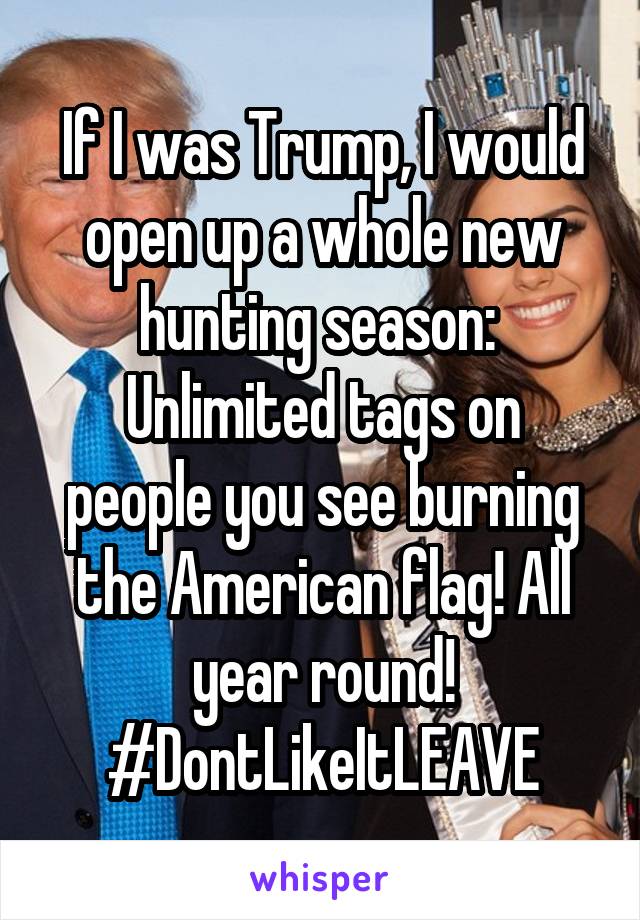 If I was Trump, I would open up a whole new hunting season: 
Unlimited tags on people you see burning the American flag! All year round!
#DontLikeItLEAVE