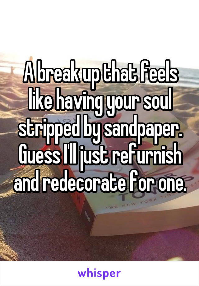 A break up that feels like having your soul stripped by sandpaper. Guess I'll just refurnish and redecorate for one. 