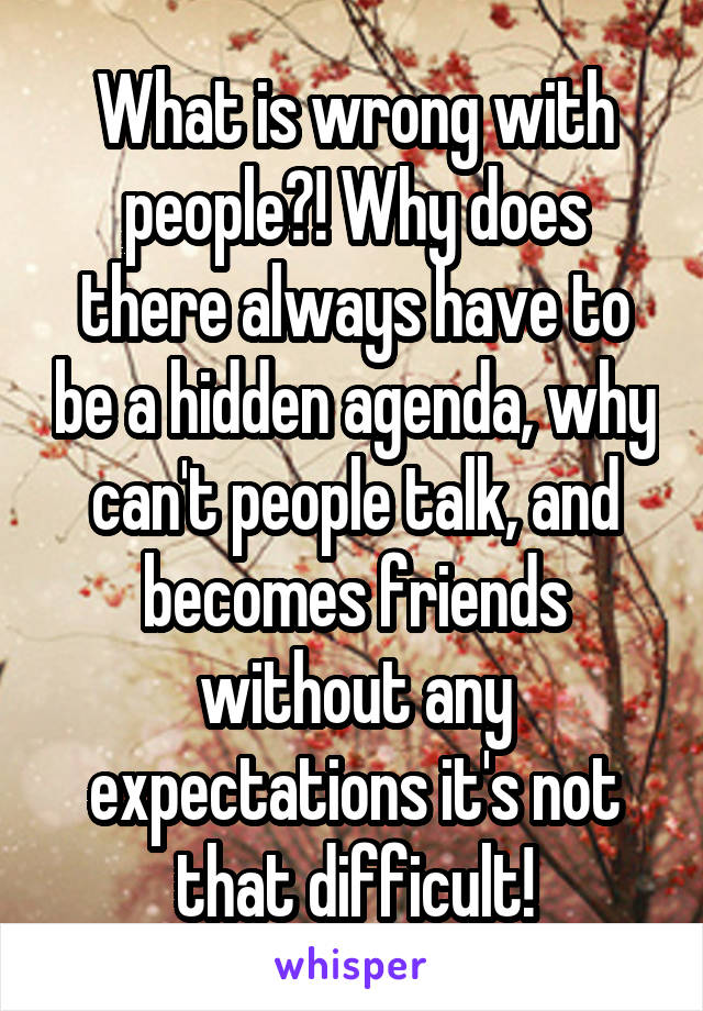 What is wrong with people?! Why does there always have to be a hidden agenda, why can't people talk, and becomes friends without any expectations it's not that difficult!