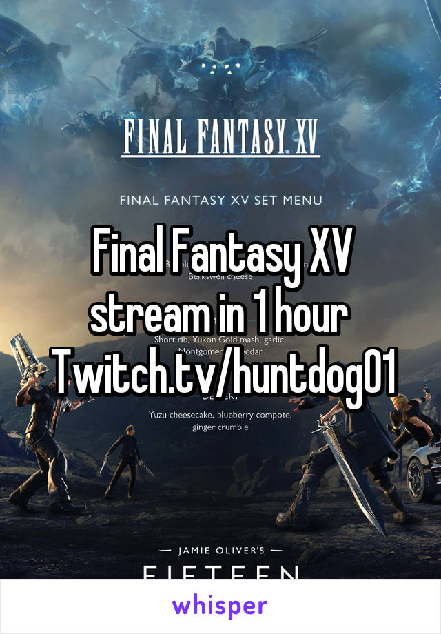 Final Fantasy XV stream in 1 hour 
Twitch.tv/huntdog01