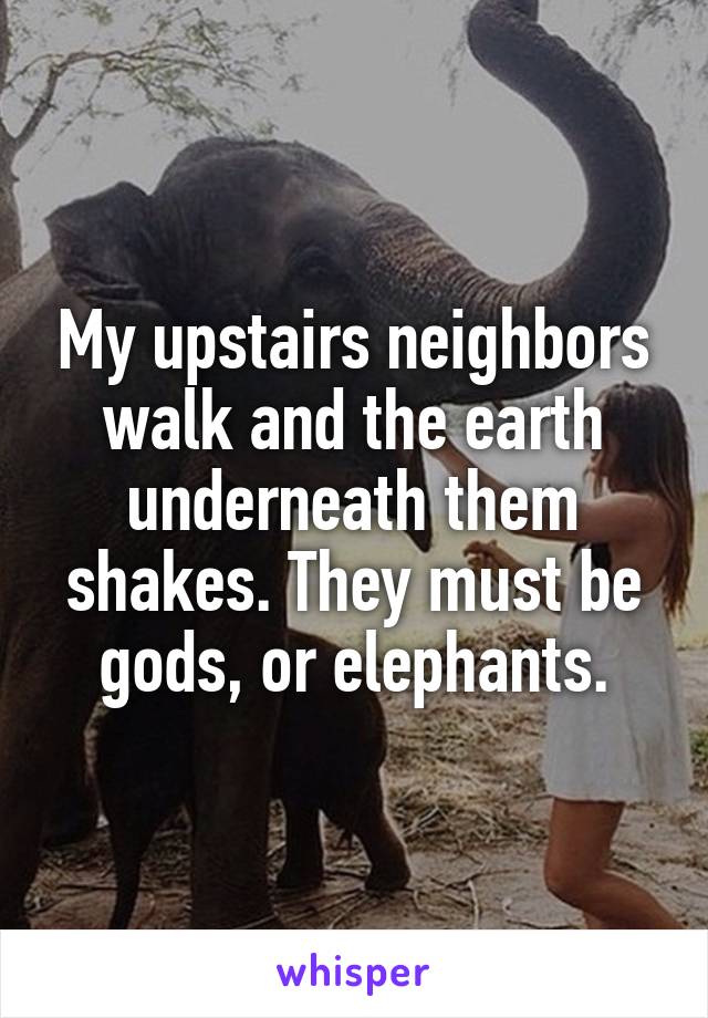 My upstairs neighbors walk and the earth underneath them shakes. They must be gods, or elephants.