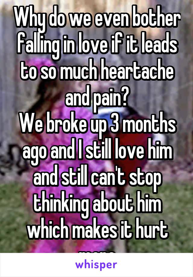 Why do we even bother falling in love if it leads to so much heartache and pain?
We broke up 3 months ago and I still love him and still can't stop thinking about him which makes it hurt more