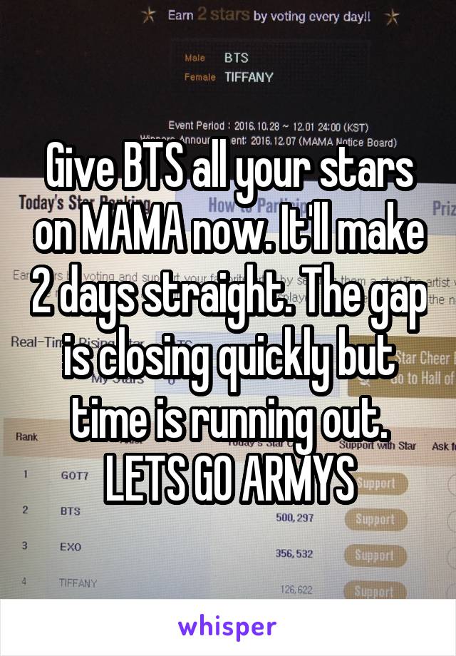 Give BTS all your stars on MAMA now. It'll make 2 days straight. The gap is closing quickly but time is running out. LETS GO ARMYS