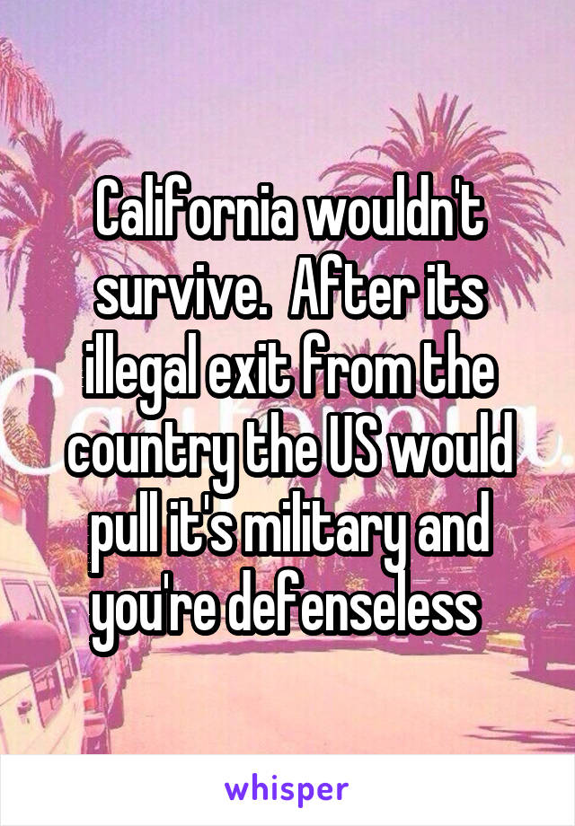 California wouldn't survive.  After its illegal exit from the country the US would pull it's military and you're defenseless 