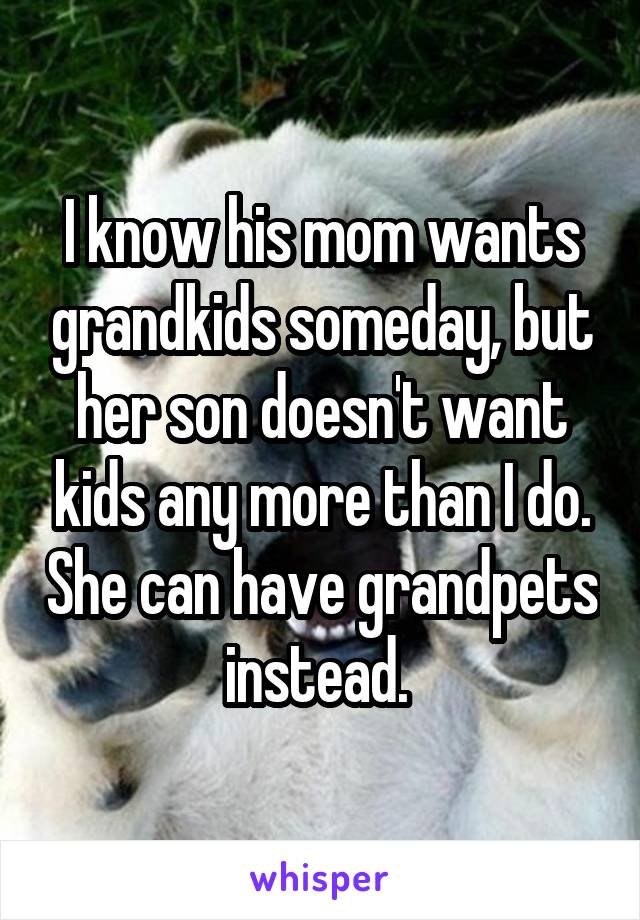 I know his mom wants grandkids someday, but her son doesn't want kids any more than I do. She can have grandpets instead. 