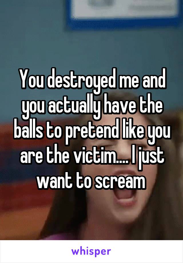 You destroyed me and you actually have the balls to pretend like you are the victim.... I just want to scream 