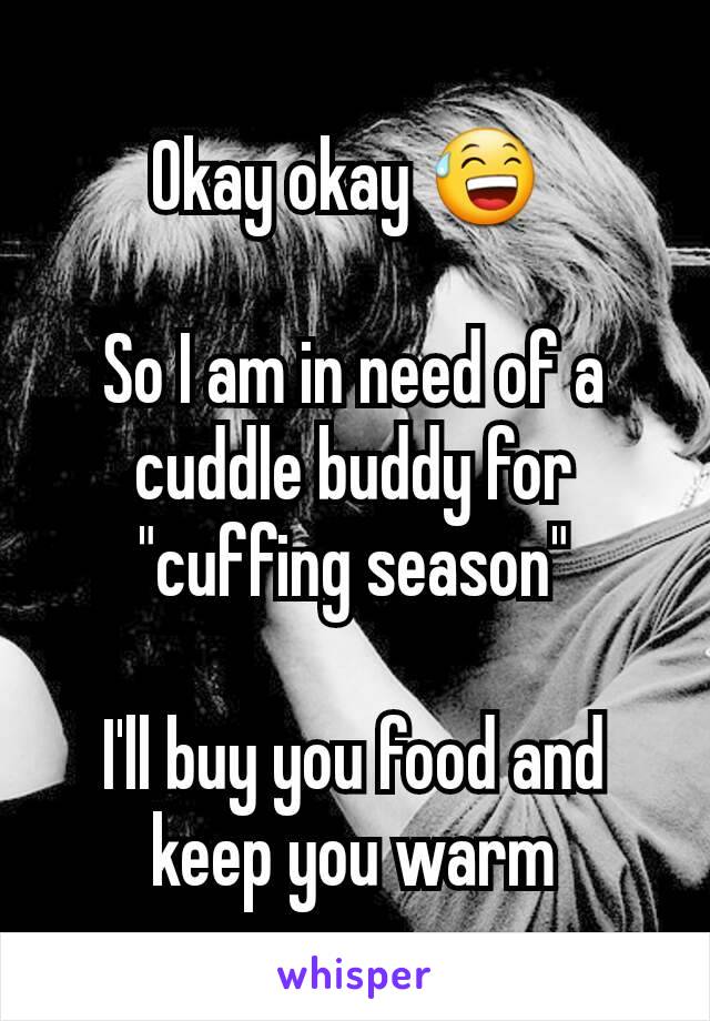 Okay okay 😅 

So I am in need of a cuddle buddy for "cuffing season"

I'll buy you food and keep you warm