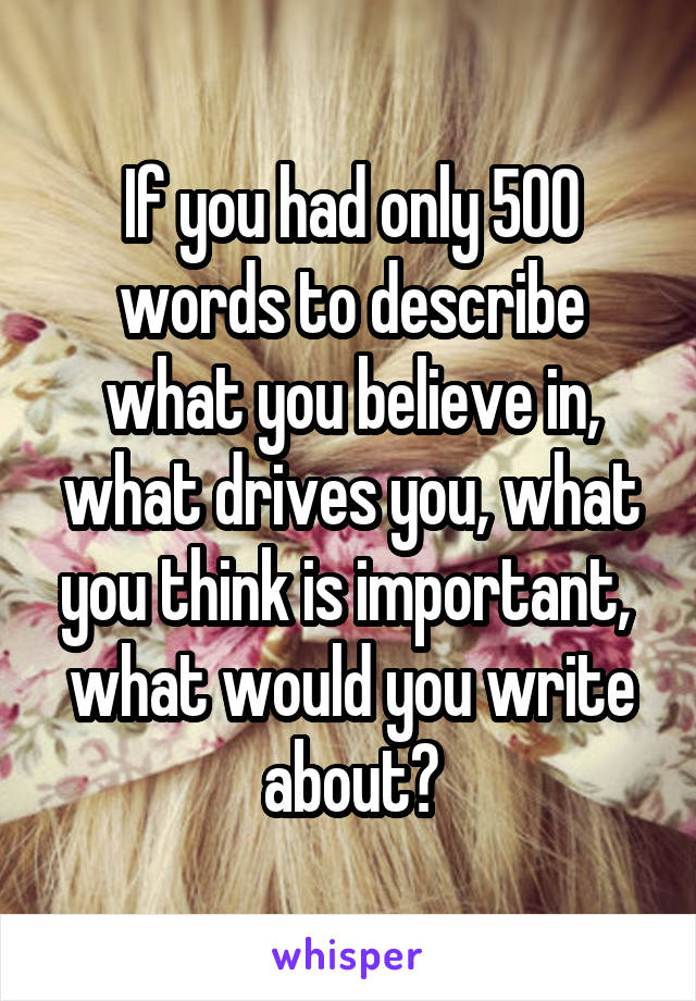 If you had only 500 words to describe what you believe in, what drives you, what you think is important,  what would you write about?