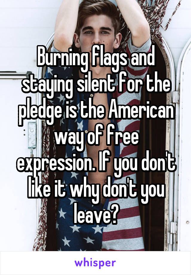 Burning flags and staying silent for the pledge is the American way of free expression. If you don't like it why don't you leave?