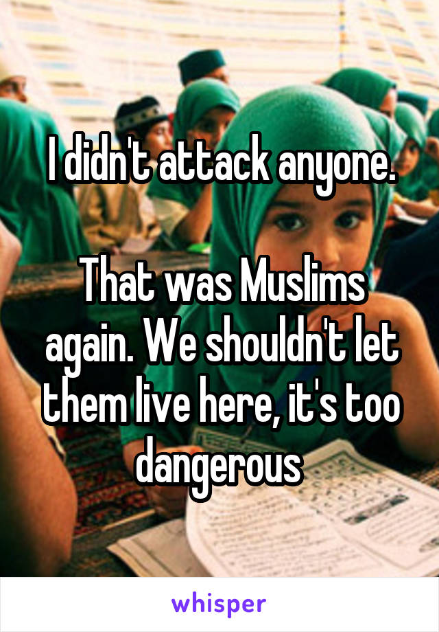 I didn't attack anyone.

That was Muslims again. We shouldn't let them live here, it's too dangerous 