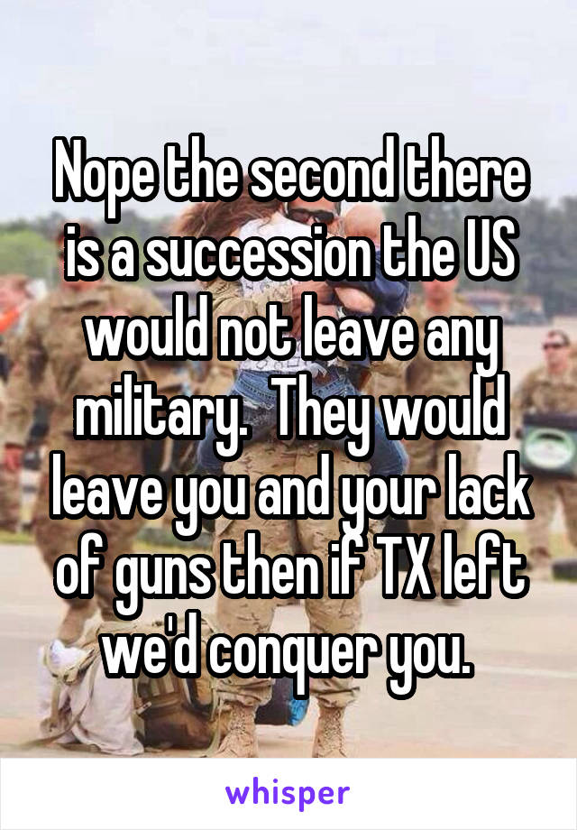 Nope the second there is a succession the US would not leave any military.  They would leave you and your lack of guns then if TX left we'd conquer you. 