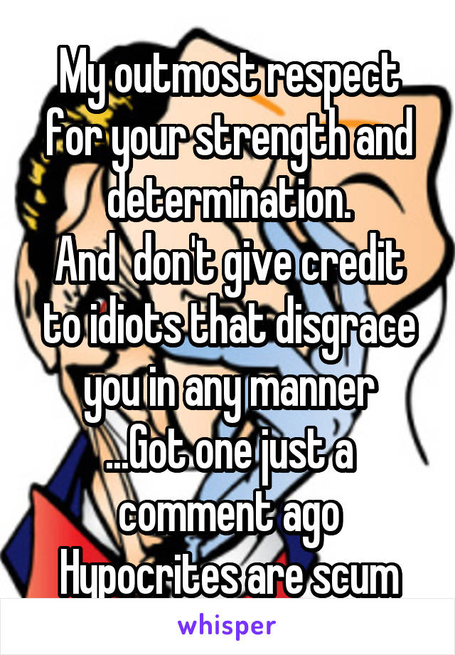 My outmost respect for your strength and determination.
And  don't give credit to idiots that disgrace you in any manner
...Got one just a comment ago
Hypocrites are scum