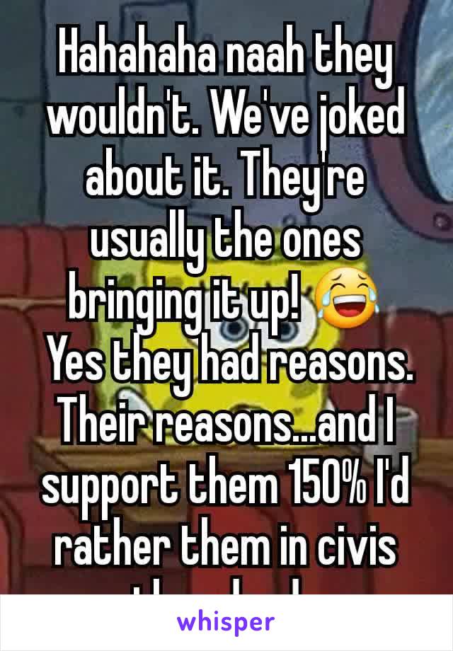 Hahahaha naah they wouldn't. We've joked about it. They're usually the ones bringing it up! 😂
 Yes they had reasons. Their reasons...and I support them 150% I'd rather them in civis than dead. 