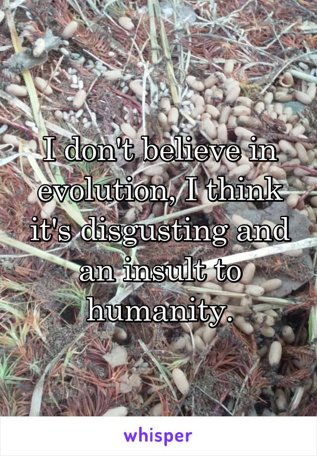 I don't believe in evolution, I think it's disgusting and an insult to humanity.