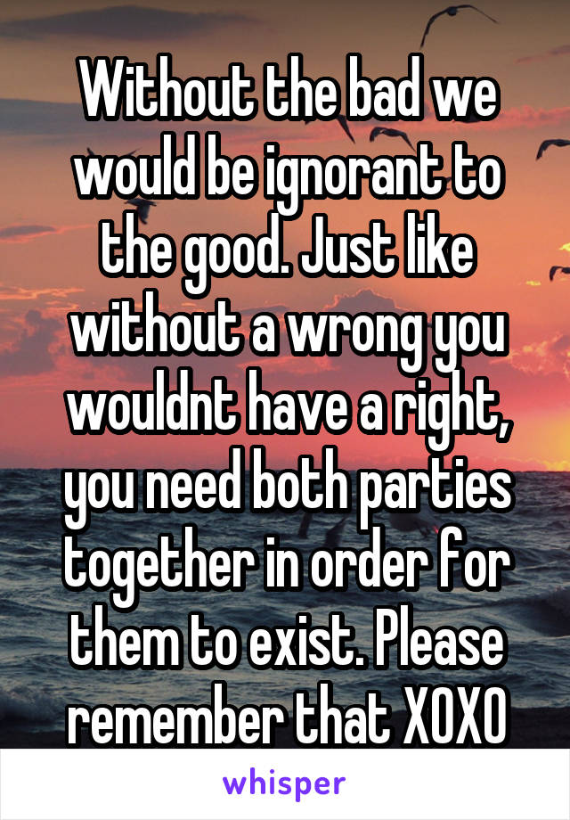 Without the bad we would be ignorant to the good. Just like without a wrong you wouldnt have a right, you need both parties together in order for them to exist. Please remember that XOXO