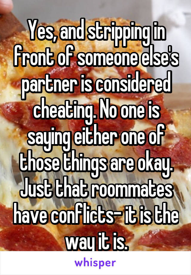 Yes, and stripping in front of someone else's partner is considered cheating. No one is saying either one of those things are okay. Just that roommates have conflicts- it is the way it is.