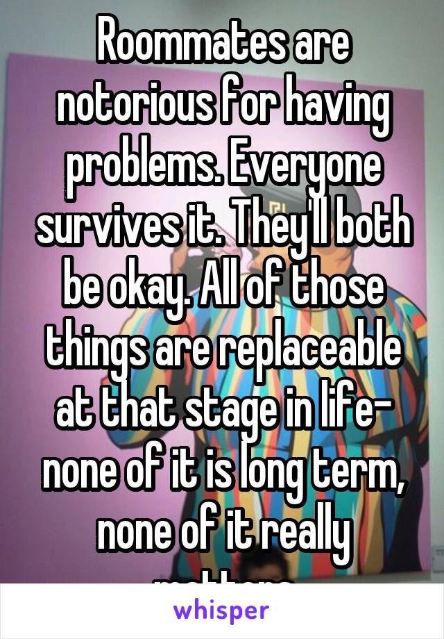 Roommates are notorious for having problems. Everyone survives it. They'll both be okay. All of those things are replaceable at that stage in life- none of it is long term, none of it really matters