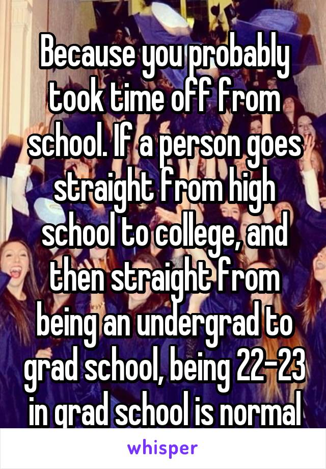 Because you probably took time off from school. If a person goes straight from high school to college, and then straight from being an undergrad to grad school, being 22-23 in grad school is normal