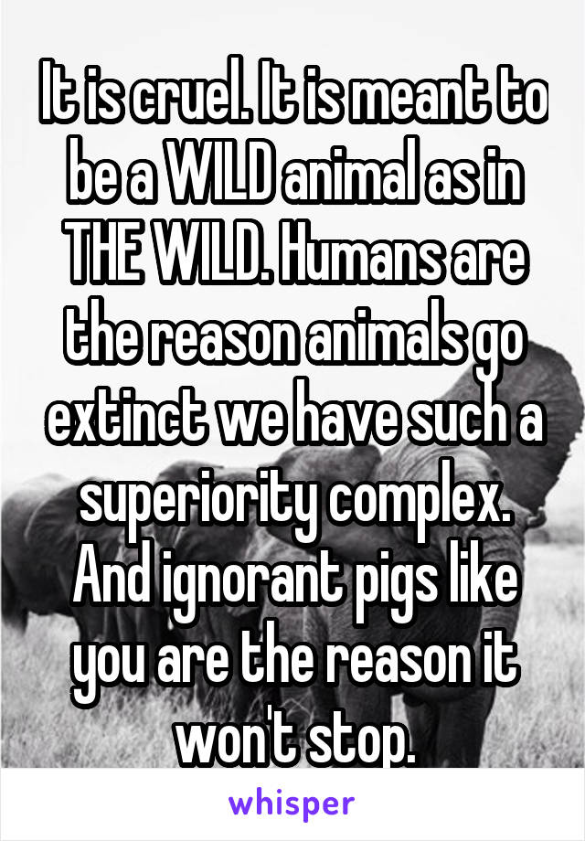 It is cruel. It is meant to be a WILD animal as in THE WILD. Humans are the reason animals go extinct we have such a superiority complex. And ignorant pigs like you are the reason it won't stop.