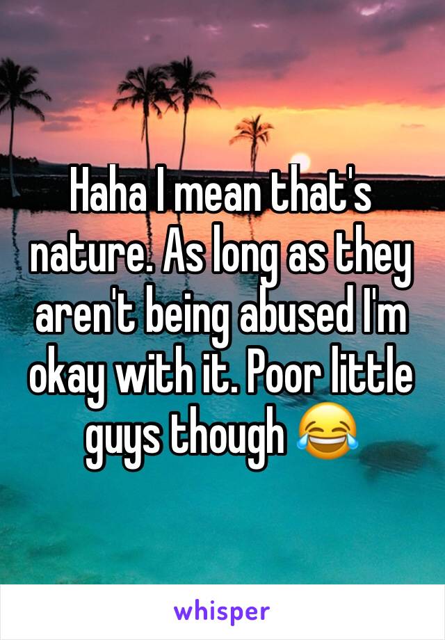 Haha I mean that's nature. As long as they aren't being abused I'm okay with it. Poor little guys though 😂