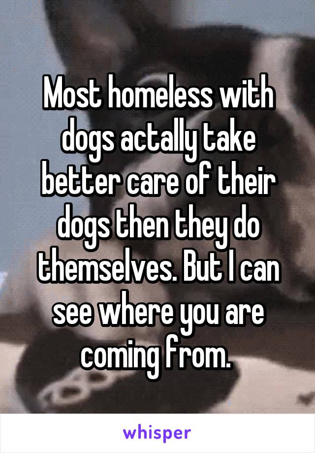 Most homeless with dogs actally take better care of their dogs then they do themselves. But I can see where you are coming from. 