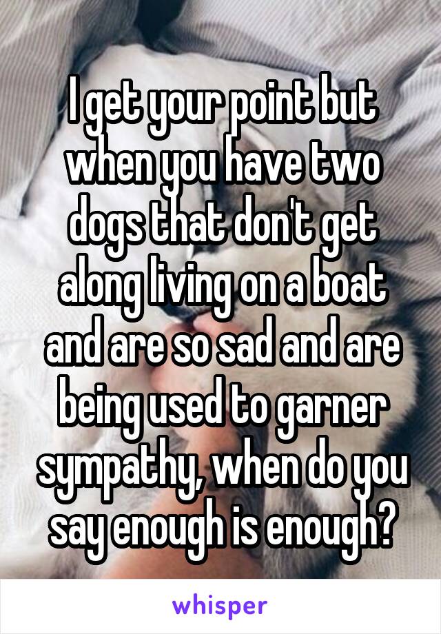 I get your point but when you have two dogs that don't get along living on a boat and are so sad and are being used to garner sympathy, when do you say enough is enough?