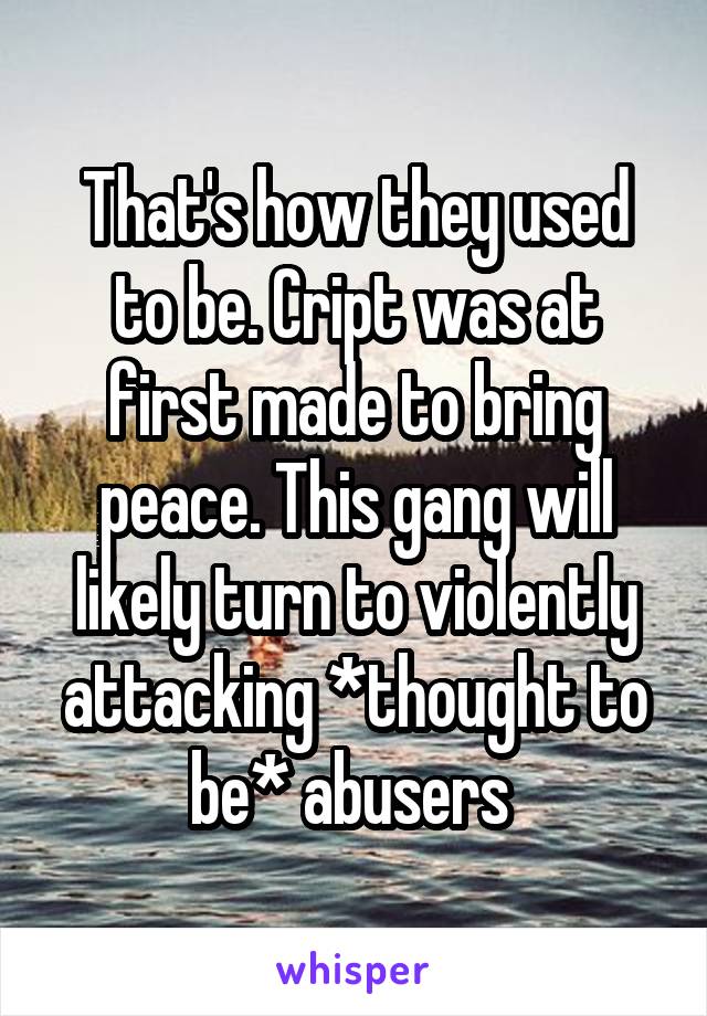 That's how they used to be. Cript was at first made to bring peace. This gang will likely turn to violently attacking *thought to be* abusers 