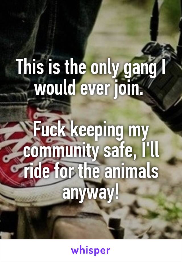 This is the only gang I would ever join. 

Fuck keeping my community safe, I'll ride for the animals anyway!