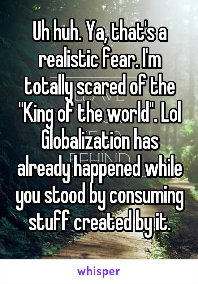 Uh huh. Ya, that's a realistic fear. I'm totally scared of the "King of the world". Lol
Globalization has already happened while you stood by consuming stuff created by it.
