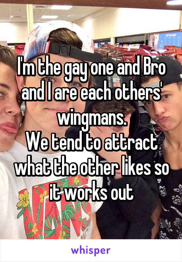 I'm the gay one and Bro and I are each others' wingmans.
We tend to attract what the other likes so it works out