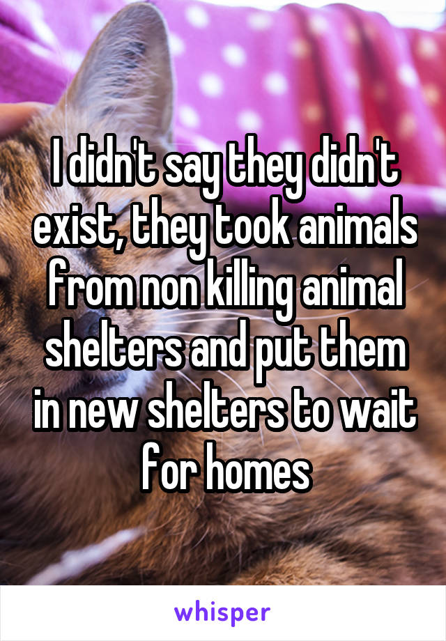 I didn't say they didn't exist, they took animals from non killing animal shelters and put them in new shelters to wait for homes