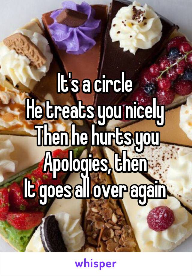 It's a circle 
He treats you nicely 
Then he hurts you
Apologies, then 
It goes all over again 